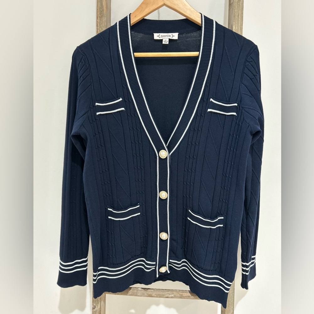 Nanette Lepore Navy Blue Cardigan with White Trim